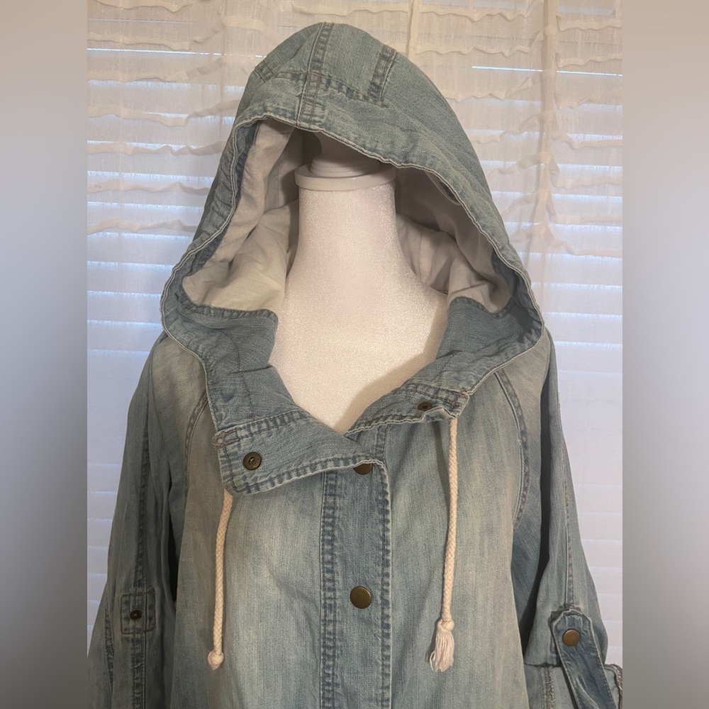 Life is Progress Denim Jacket with Hood Zipper Front Size Medium